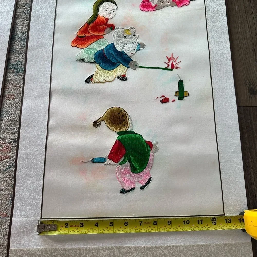 Vintage Chinese Silk Kesi Needlepoint Embroidered Tapestry Scroll 5 Panels Piece
